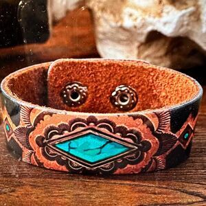 Boho Western Style Stamped Leather Grain Cuff Bracelet, Turquoise Leather, 20CM